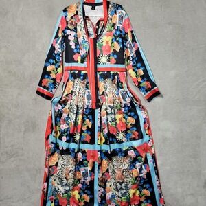 LAI MENG FIVE CATS Dress Womens 14 Multicolor Animal Maxi Shirt Dress Belted